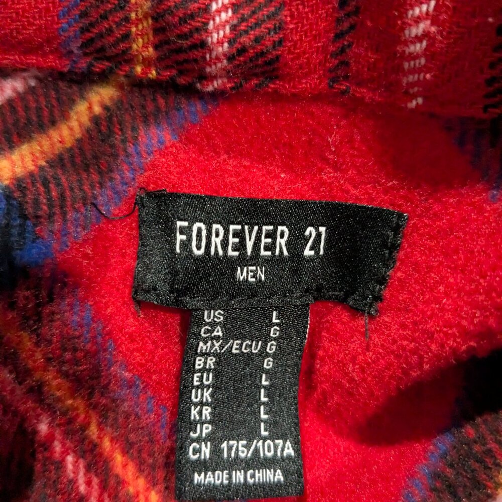 Forever 21 Men's Flannel Long Sleeve Button Down Shirt Jacket, Red Plaid, Large - Picture 2 of 15